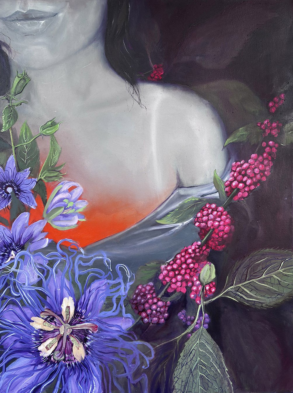 Painting of a woman's mouth and shoulder; the area around her heart is red, and she is holding herbs