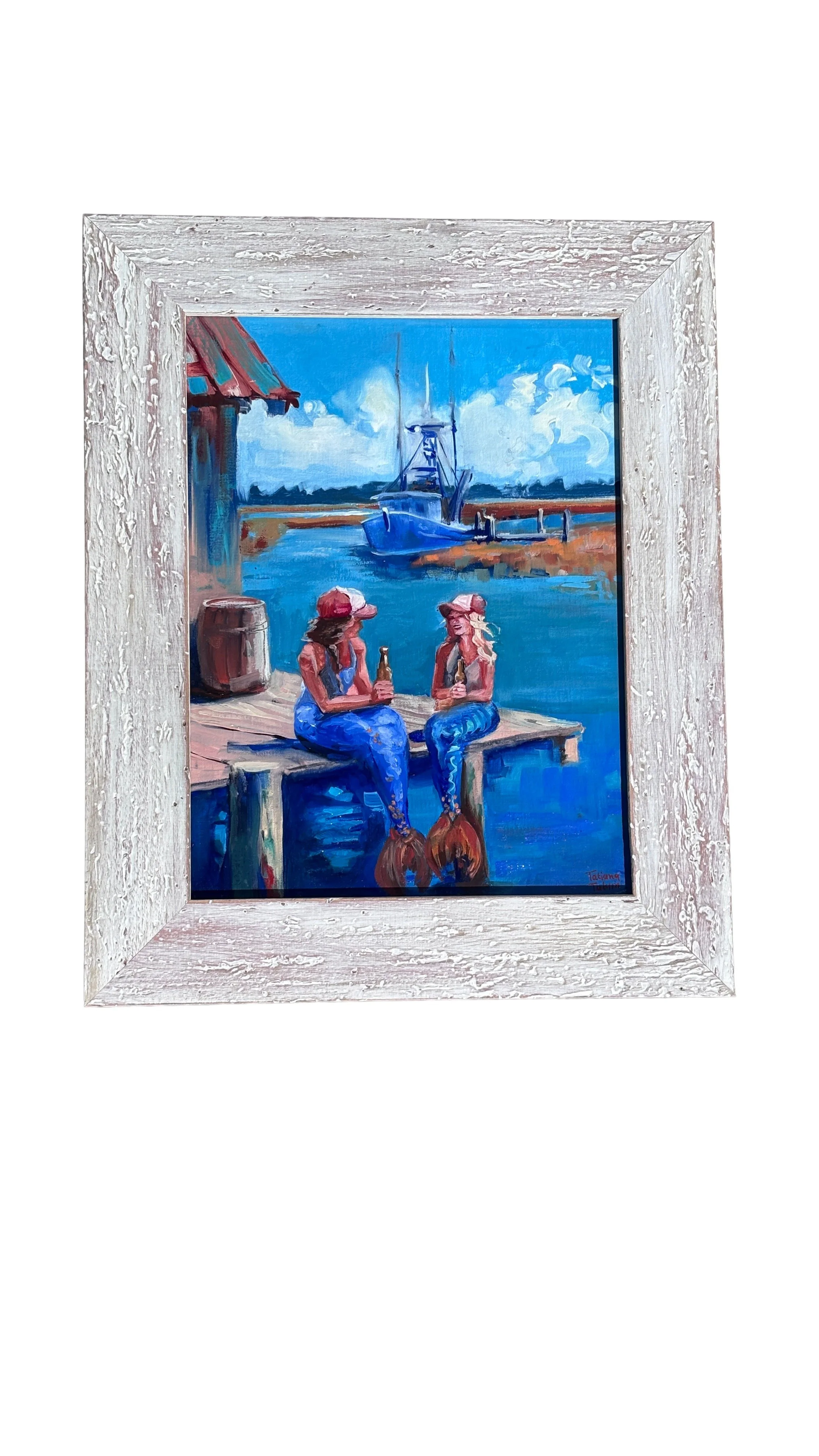 Painting of mermaids sitting on a dock and wearing hats