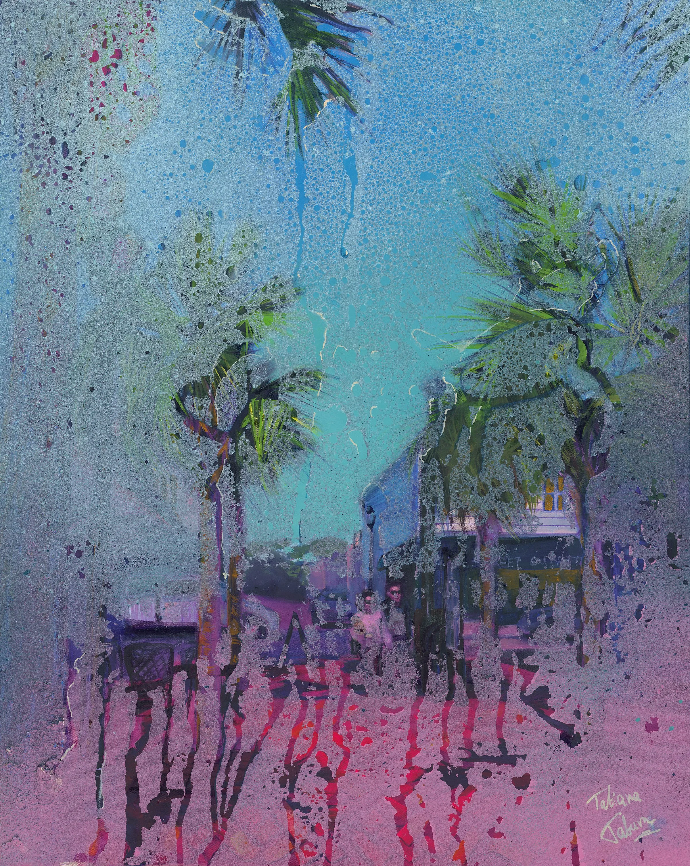 Painting of a view of palmetto trees and small stores as seen through window condensation