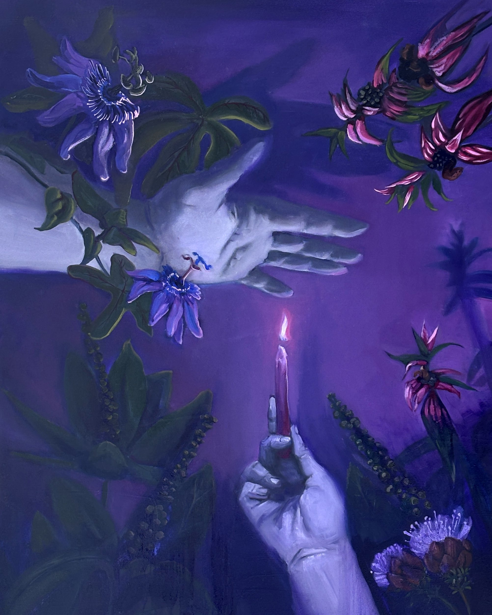 Painting of one hand holding a candle and the other hovering over it; surrounded by healing herbs