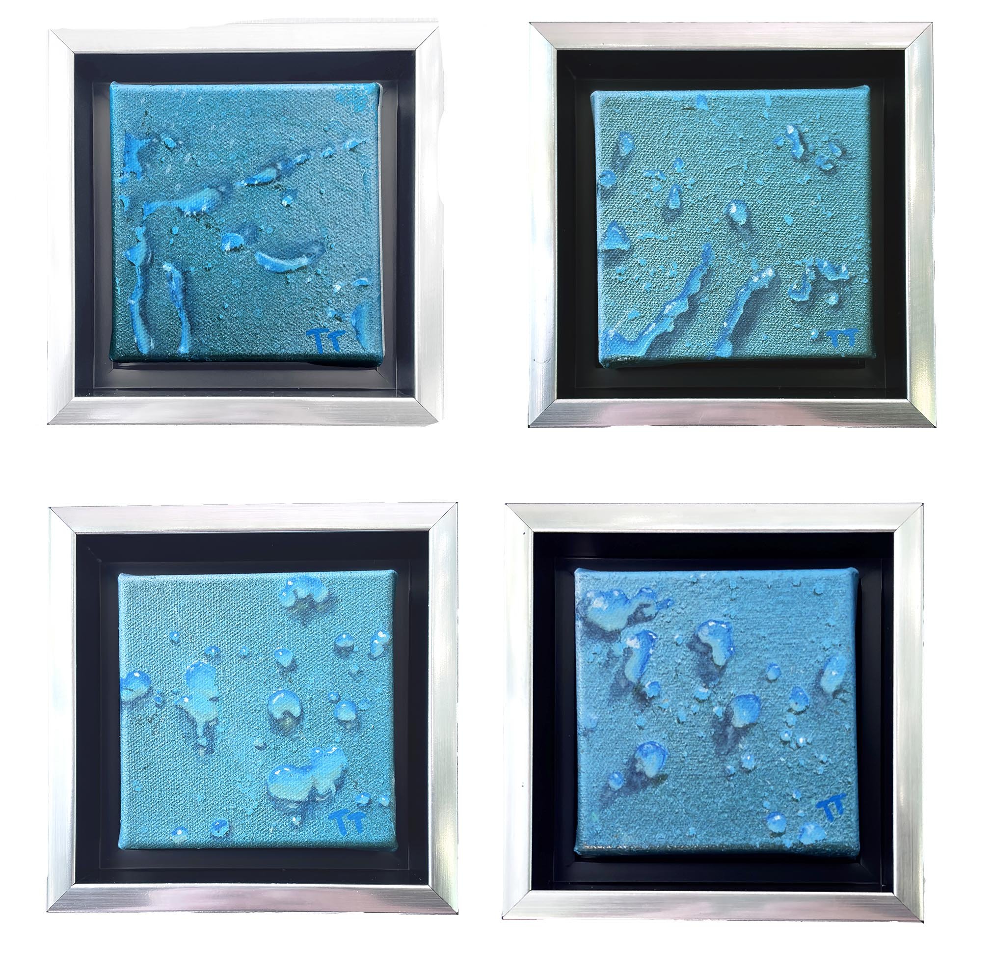 Four paintings of drops of water on a blue background