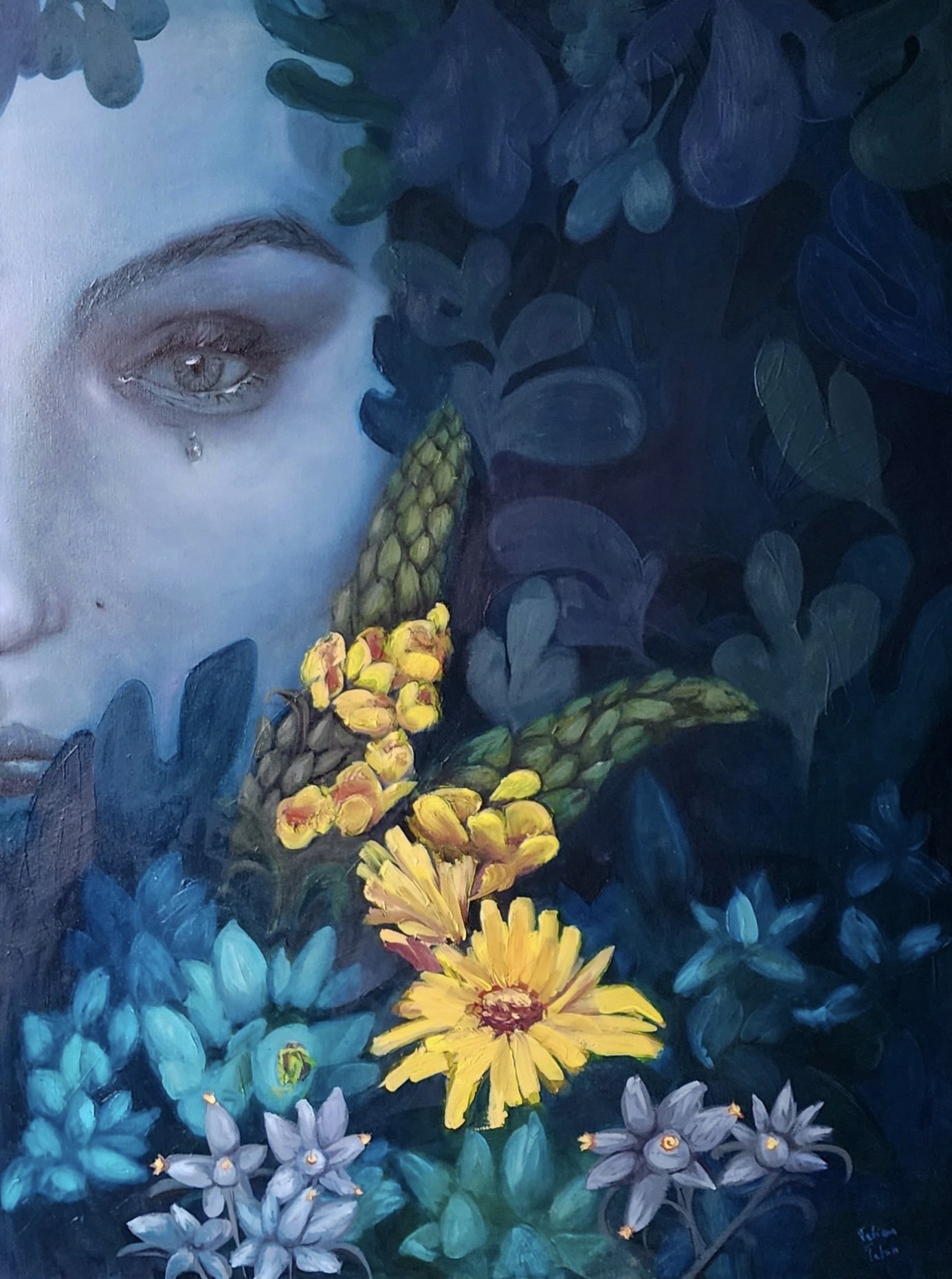 Painting of half a crying woman's face; surrounded by healing herbs