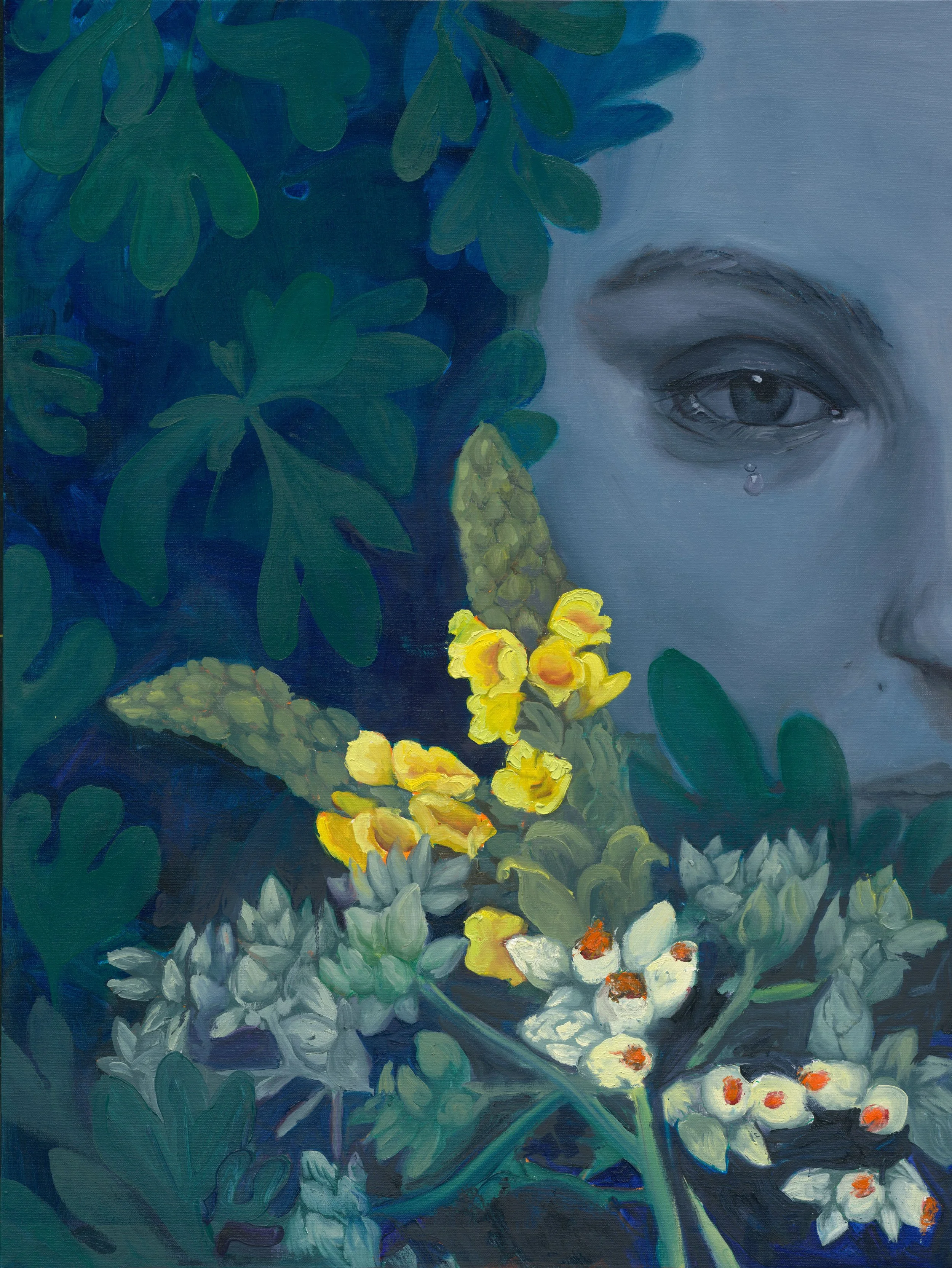 Painting of half of crying woman's face, surrounded by herbs