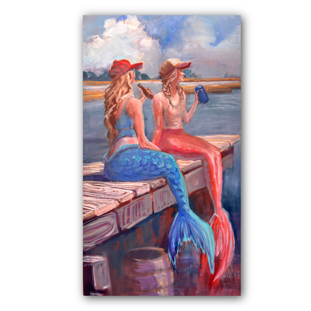 Painting of mermaids sitting on a dock and wearing hats