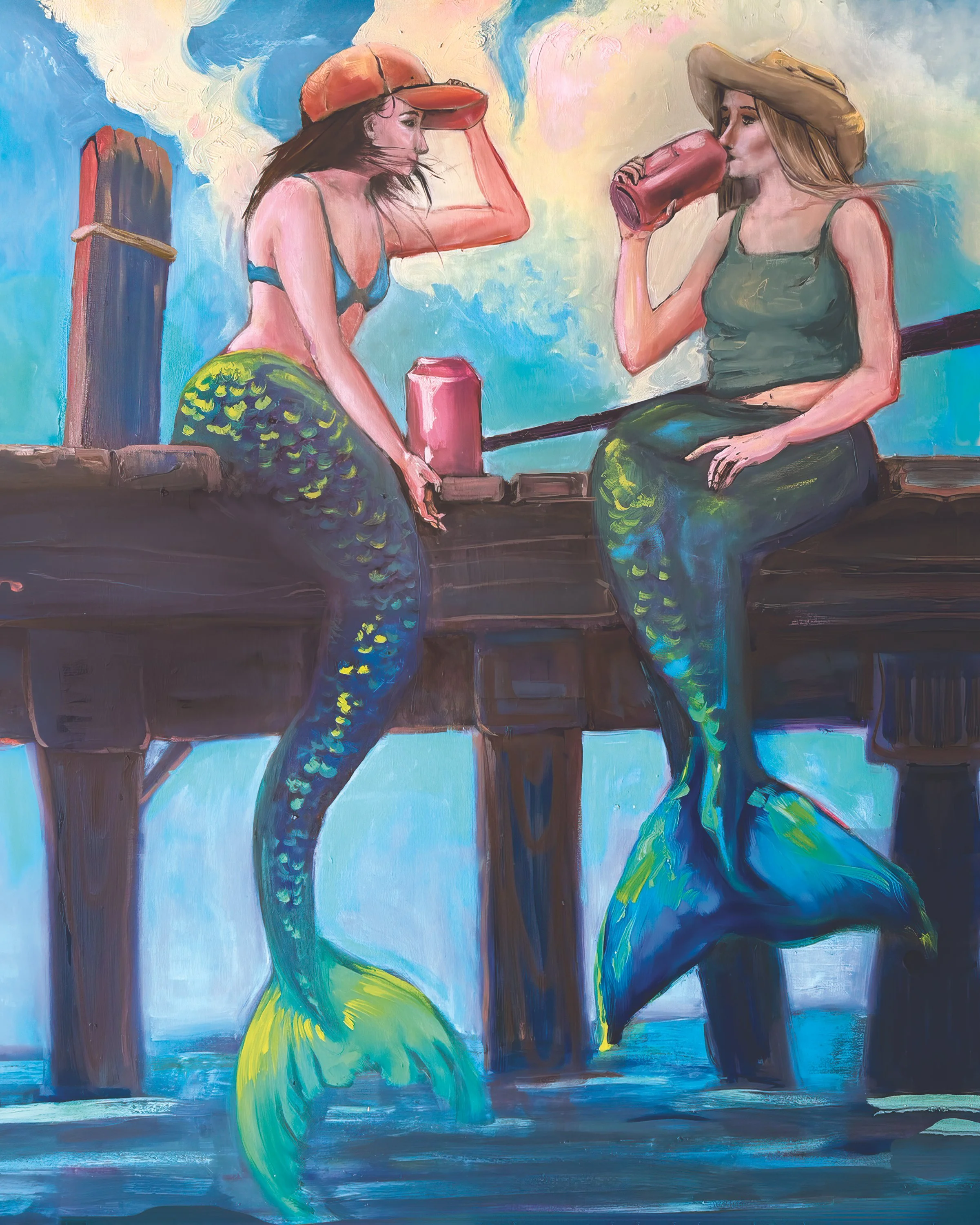 Painting of mermaids sitting on a dock and wearing hats