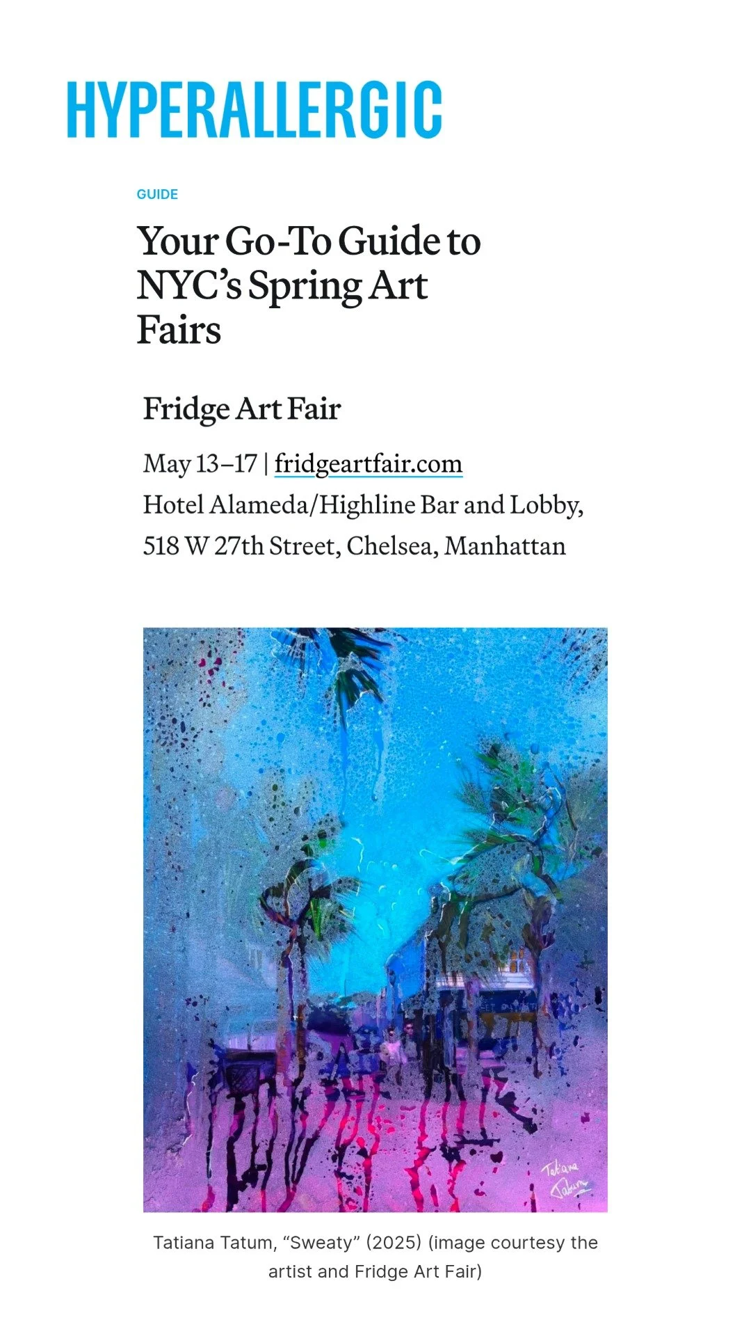 A promotional flyer for NYC's Spring Art Fairs featuring a colorful abstract painting of palm trees, with event details and a website link.