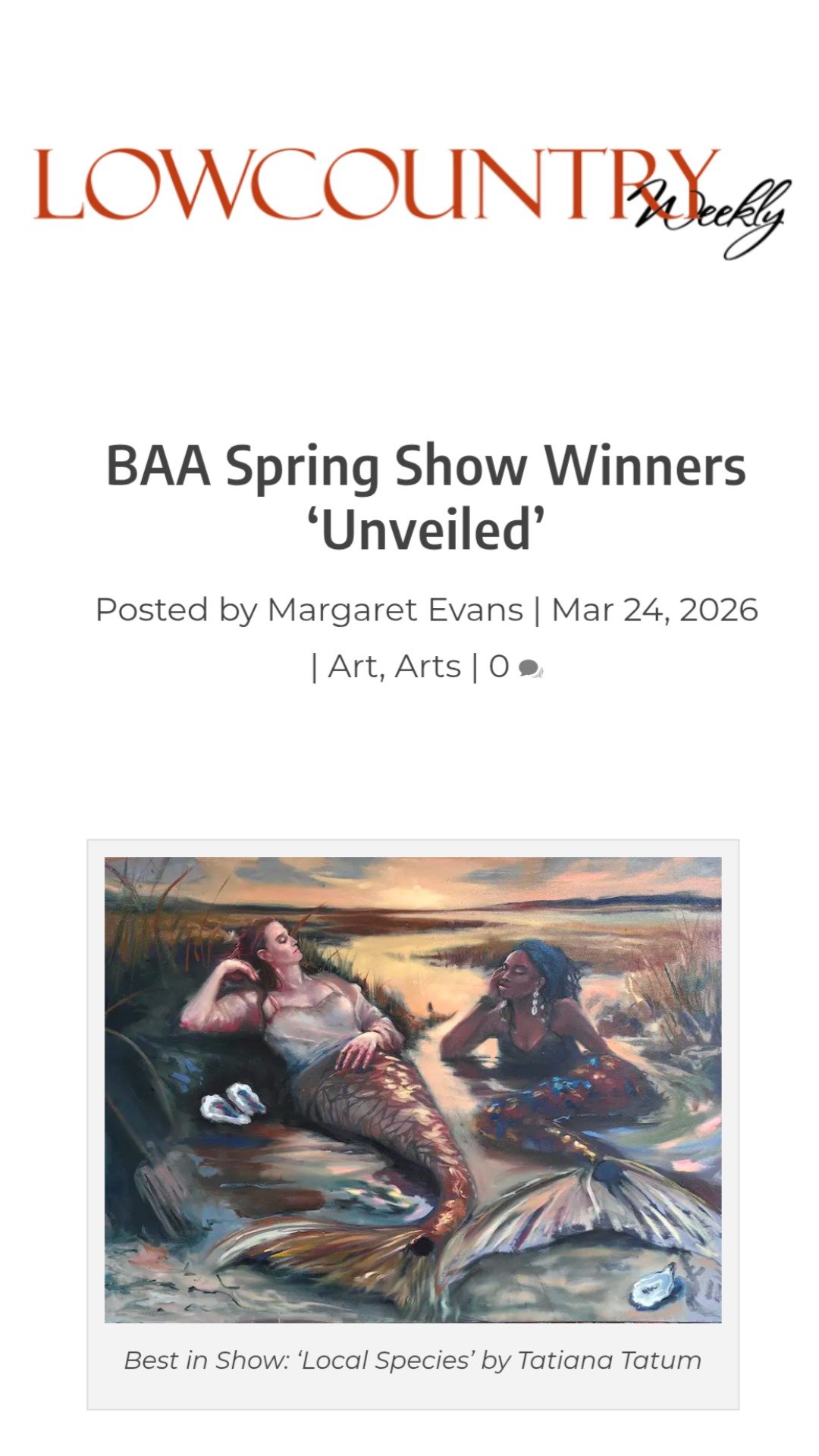 Magazine cover with title 'Lowcountry Weekly' and article about BAA Spring Show winners 'Unveiled' by Margaret Evans, featuring a painting of two women relaxing in water, labeled as 'Best in Show: 'Local Species' by Tatianna Tatum.