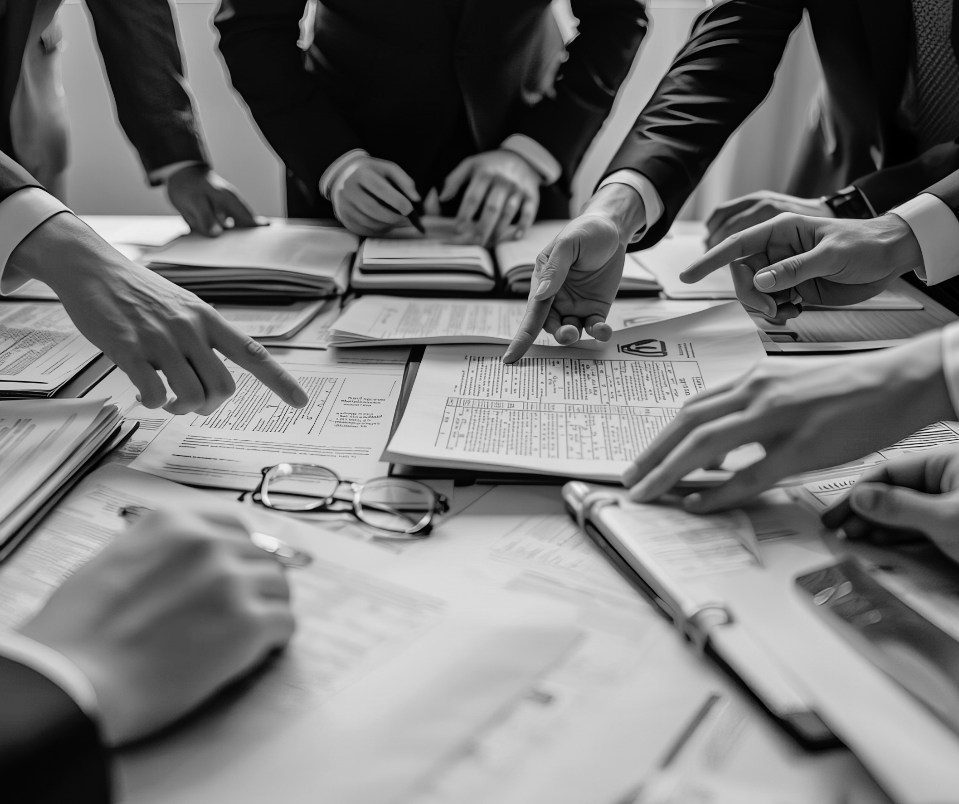 Business people gathered around a table reviewing documents and files, discussing and pointing at paperwork.