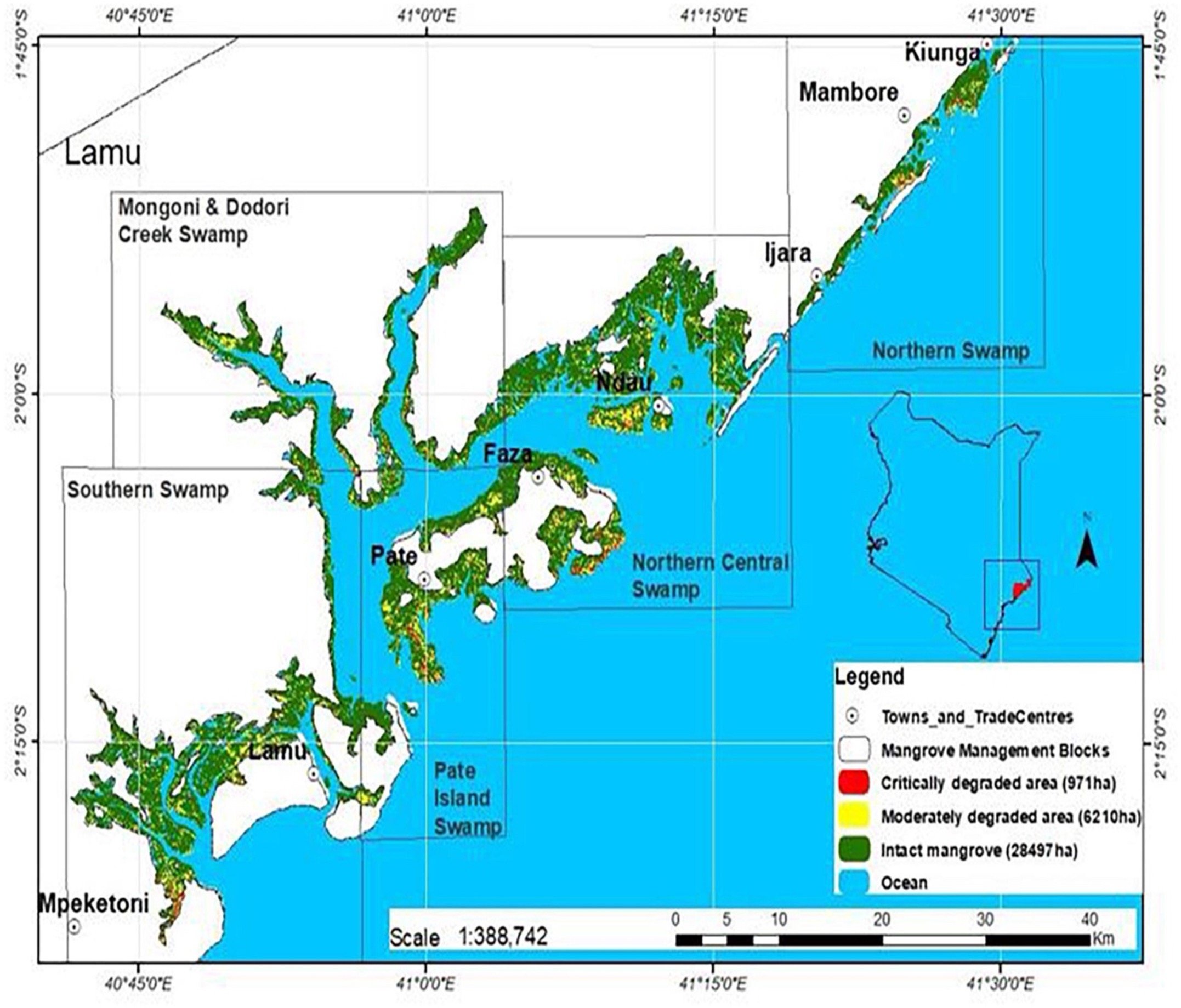 Map of Lamu County, Kenya, showing mangrove management blocks, swamps, towns, and trade centers with color-coded categories for different levels of mangrove degradation and ocean area.