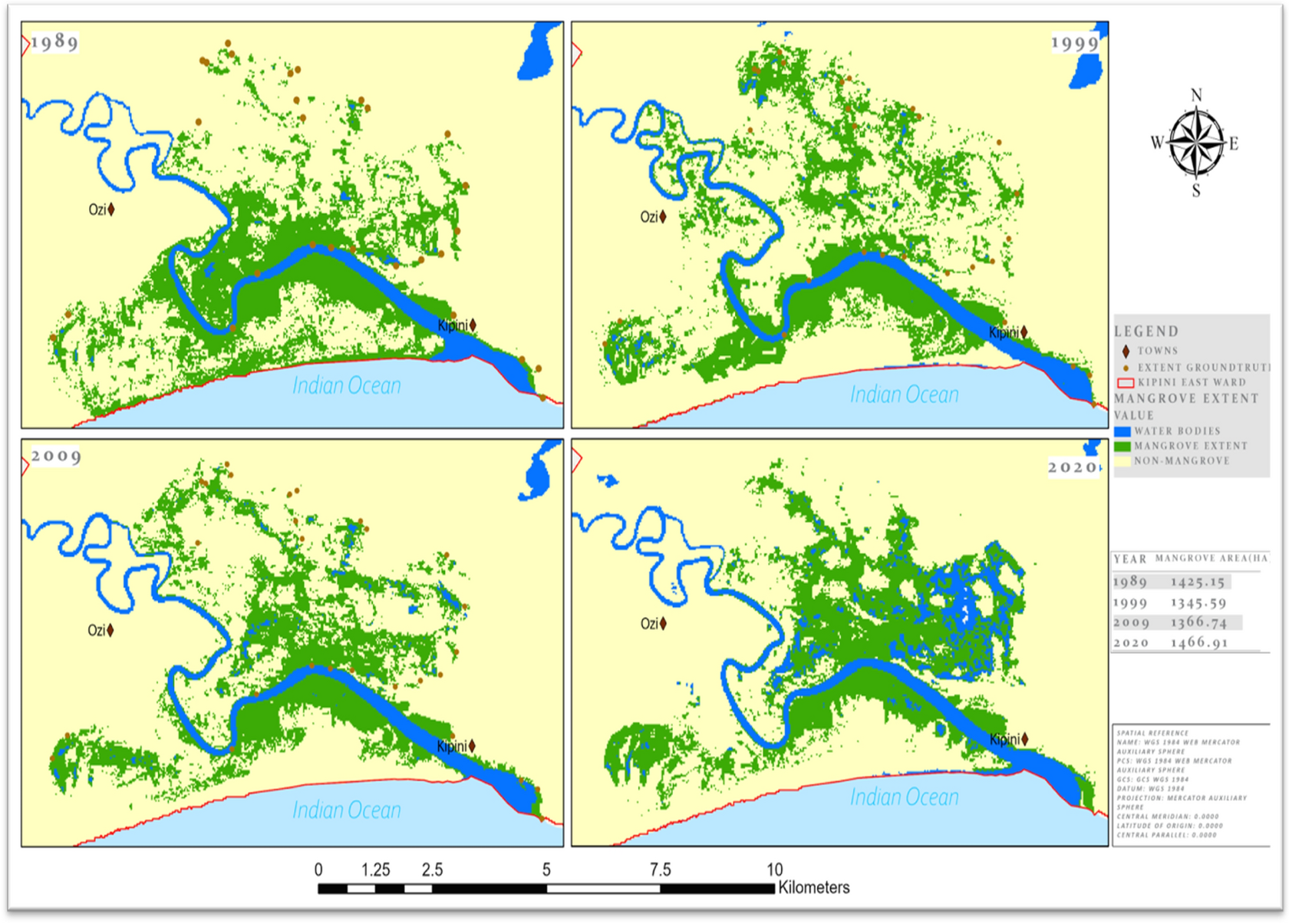Series of maps showing changes in mangrove extent near the Indian Ocean from 1989 to 2020. Top left map from 1989, top right from 1999, bottom left from 2009, bottom right from 2020. Maps include locations of towns Kipini and Ozi, water bodies, and legend indicating water, mangrove extent, and non-mangrove areas. A scale bar at the bottom shows distances in kilometers.