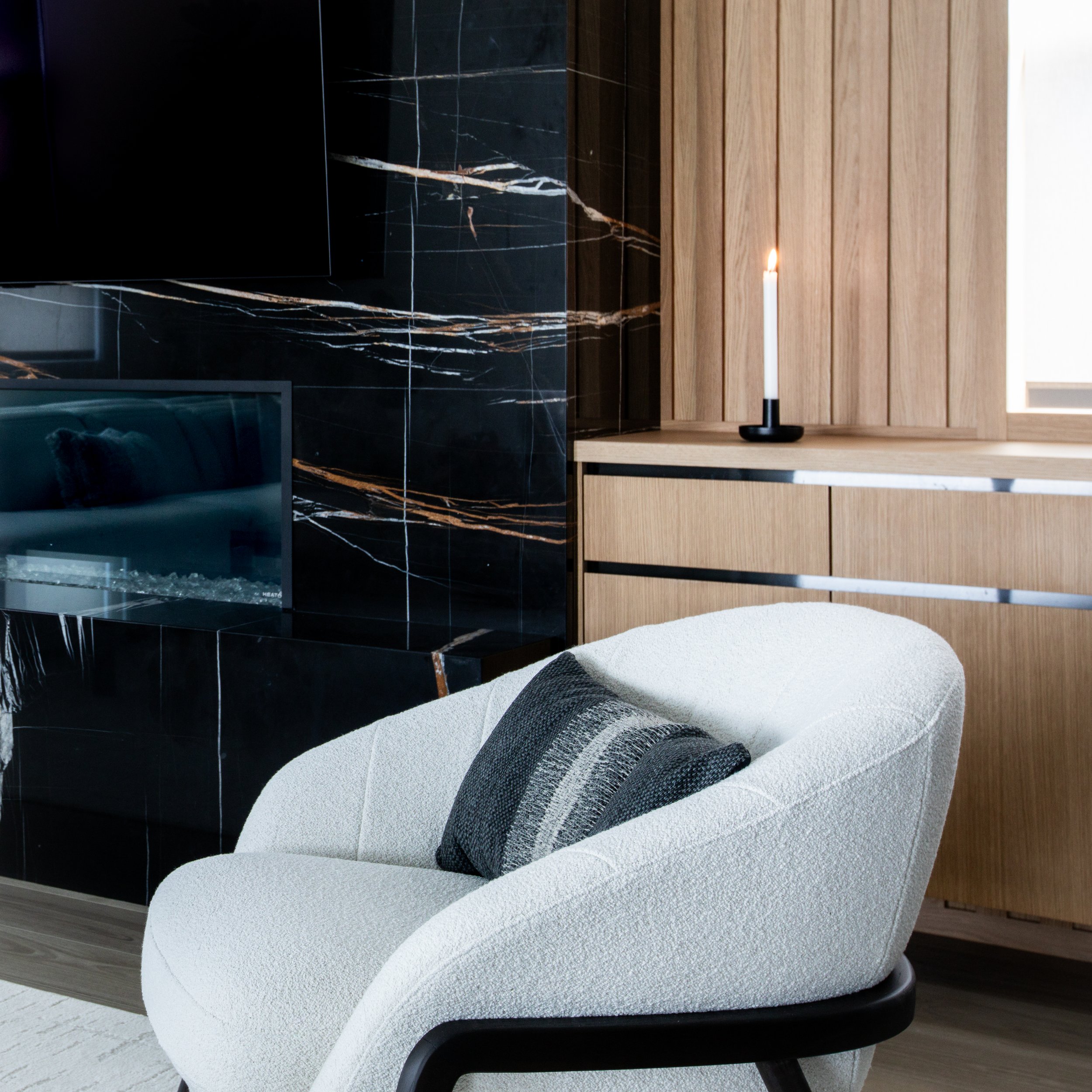 detail image white boucle curved back chair black wood frame 