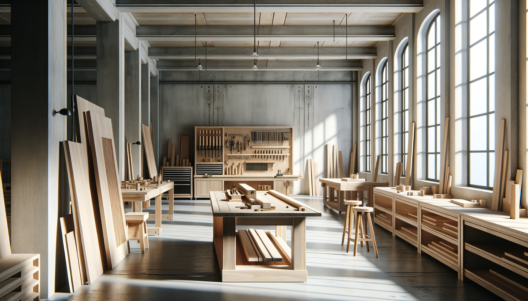 A woodworking workshop illuminated by large windows, with wooden workbenches, stools, and various woodworking tools on a pegboard at the back.