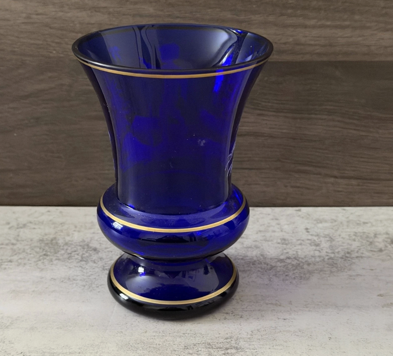 Antique 19th C. Victorian Mary Gregory Cobalt Blue White Enamel Hand Painted Child Gold Rimmed Bohemia Glass Hand Blown Vase 8" x 5.75"
