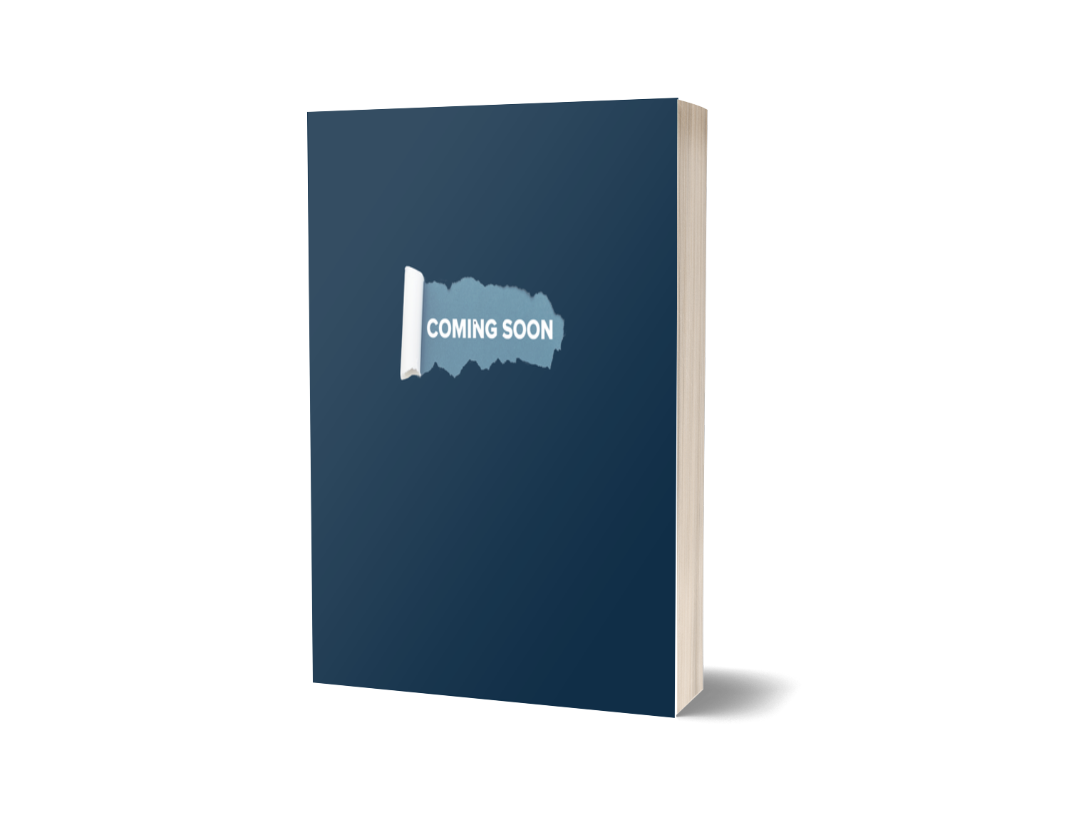 A blue book standing upright on a black background with a torn paper revealing the words "Coming Soon."