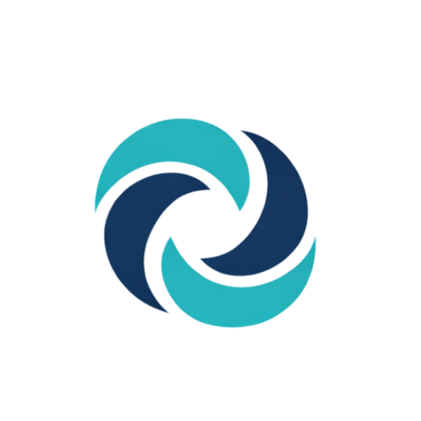 Abstract logo with interlocking dark and light blue curved shapes forming a spiral pattern.