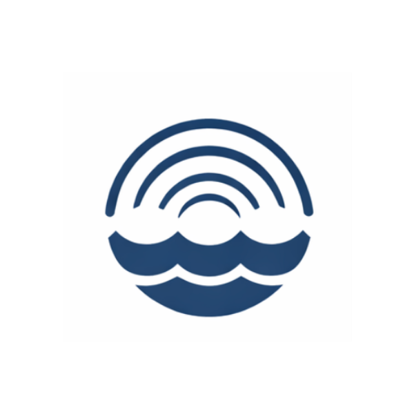 A stylized logo with a rainbow-like arc above water waves, in dark blue on a white background.