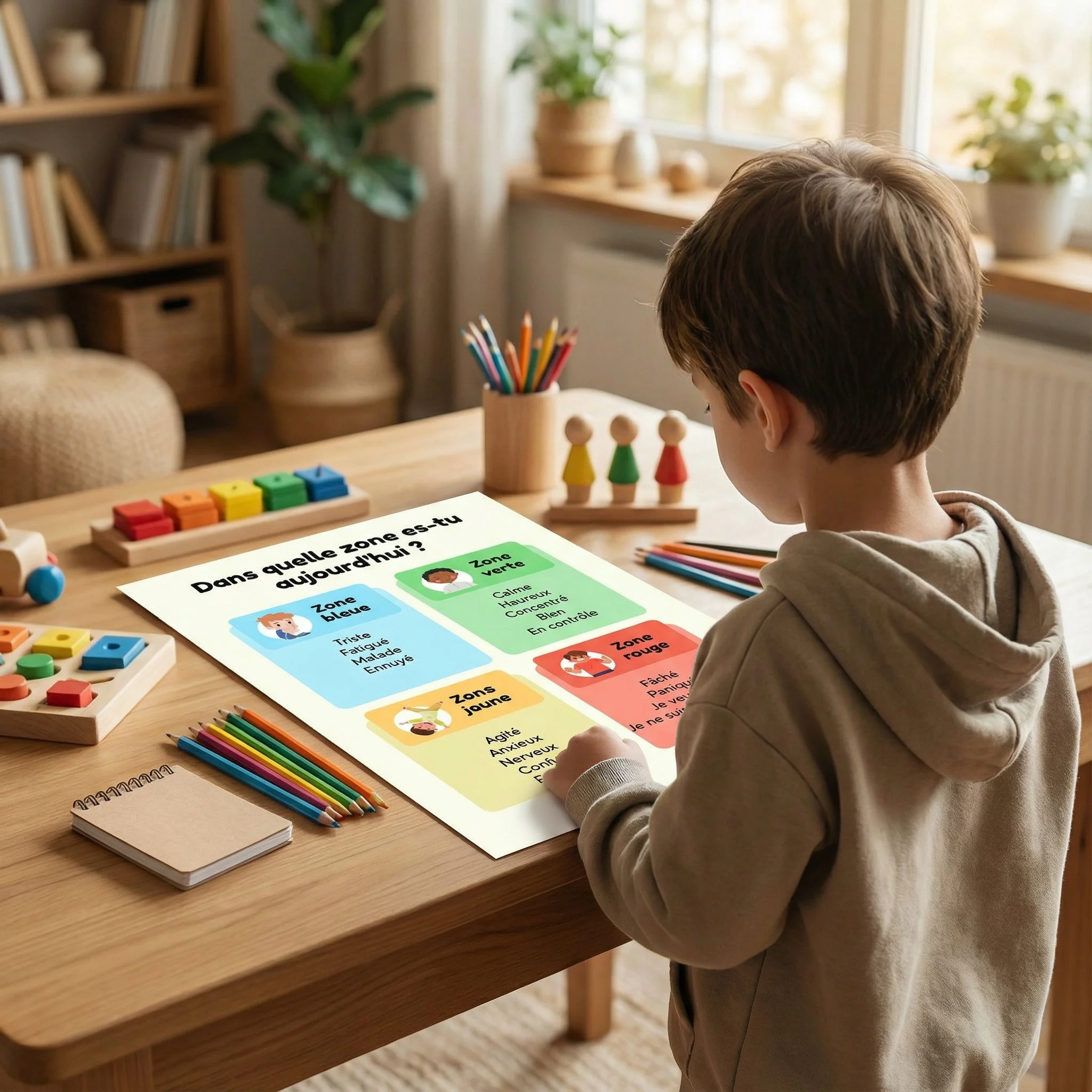 Enfant regardant une affiche des zones d'émotions pour se réguler et choisir une stratégie d'apaisement émotionnel. Zone bleu pour la tristesse, zone verte pour le calme, zone jaune pour l'agitation et zone rouge pour la colère.