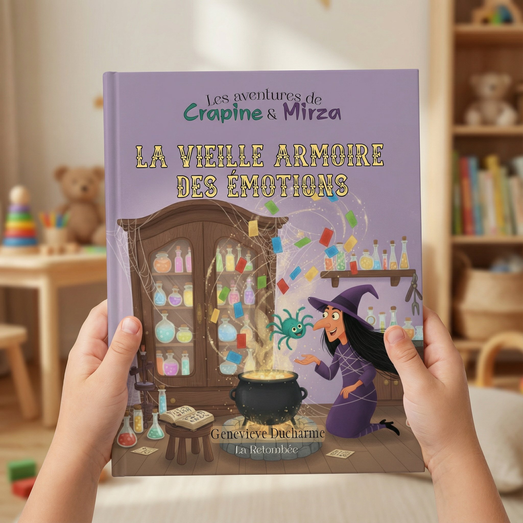 livre illustré pour enfants sur la gestion émotionnelle avec sorcière et araignée. cartes colorées et magiques pour des stratégies d'apaisement facile.
