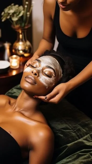 A woman receiving a facial treatment with a mud mask applied on her face, lying on a treatment bed with closed eyes, in a spa setting.