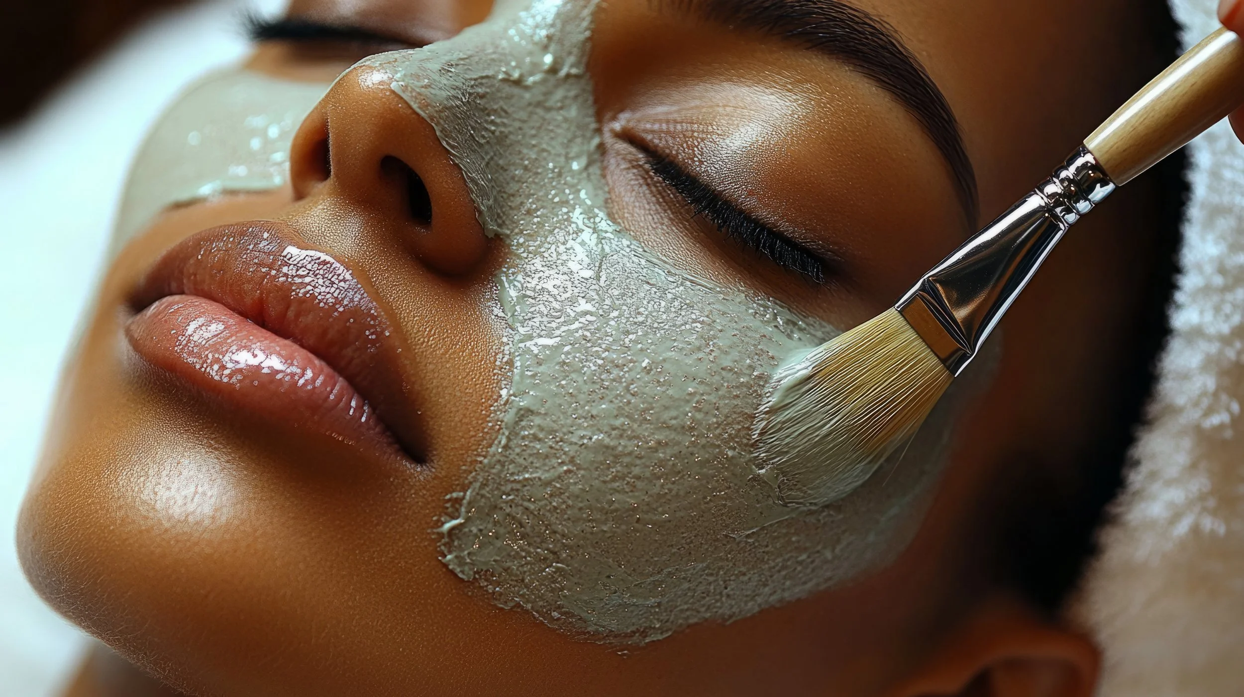 Close-up of a person with dark skin receiving a facial mask application with a brush, eyes closed, in a spa setting.