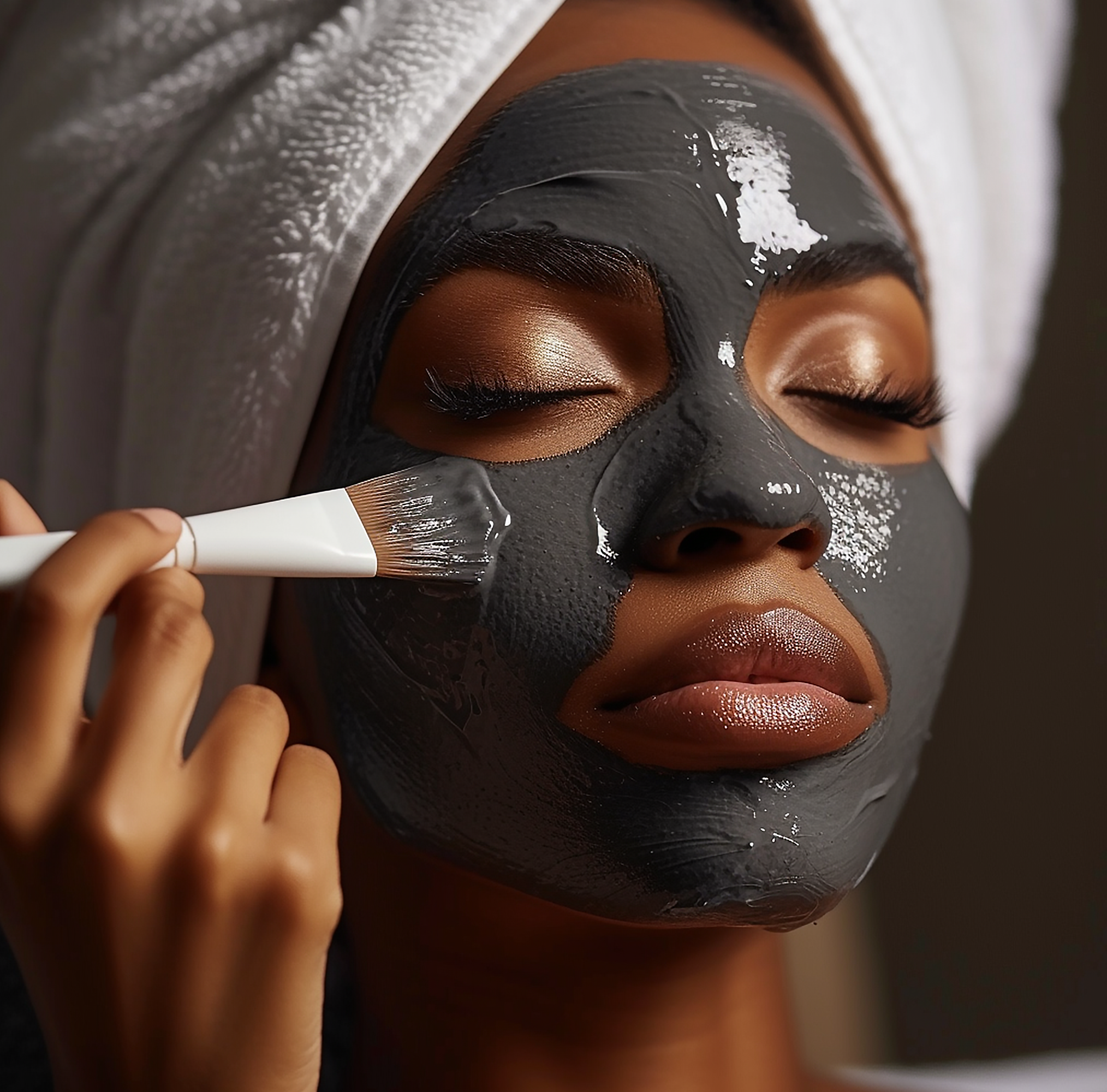 A woman with closed eyes is having a black facial mask applied using a brush. She has golden eyeshadow, long eyelashes, and full lips with a glossy finish. A towel is wrapped around her head.