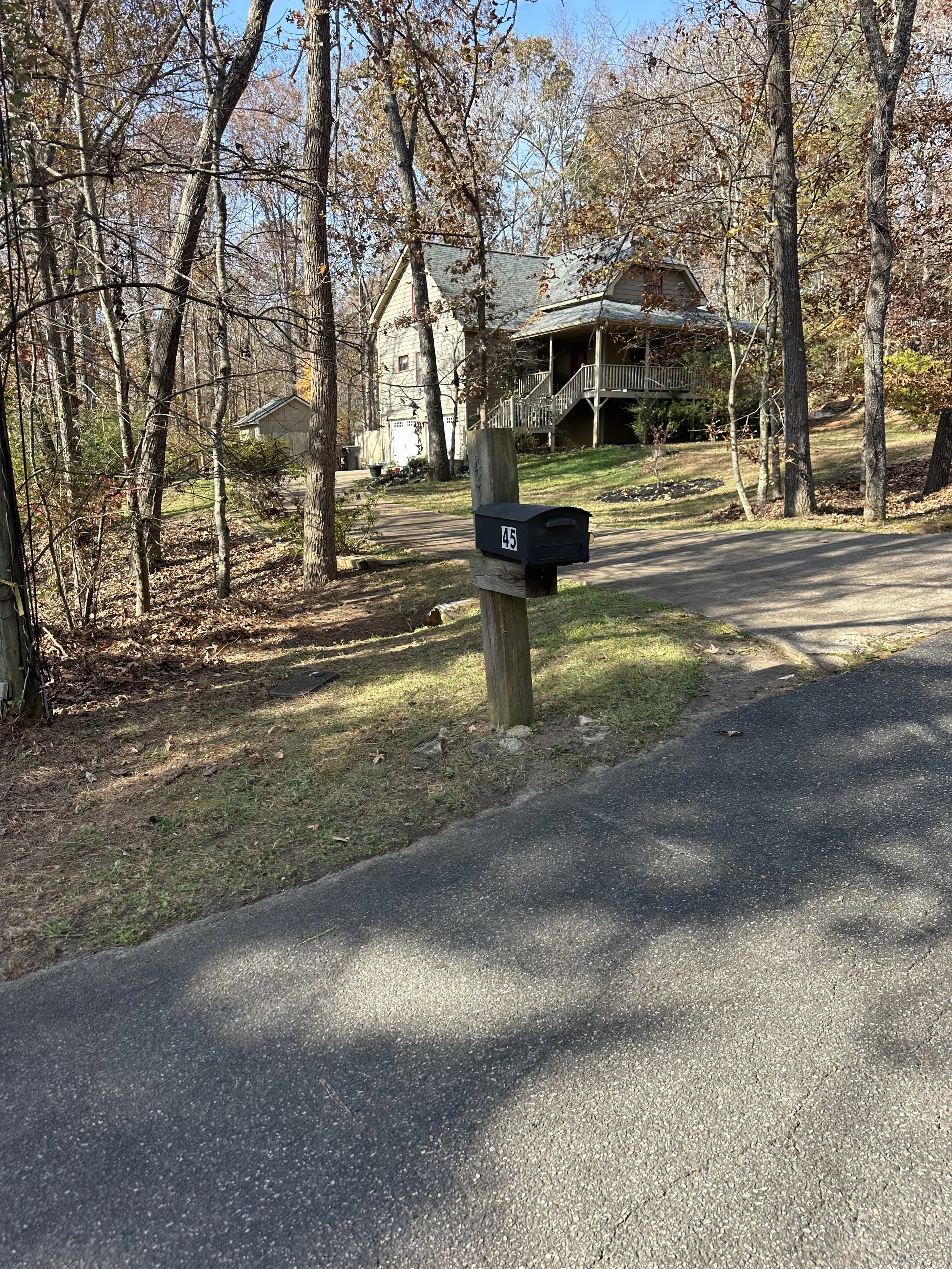 A black mailbox with the number 45 on it, mounted on a wooden post next to a paved driveway in a wooded area with a house in the background.
After