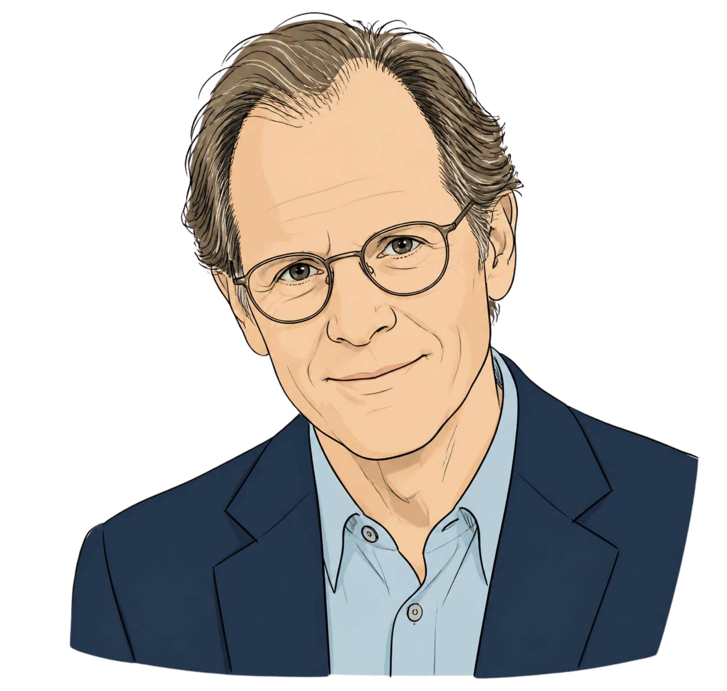 Illustration of a middle-aged man with gray hair, glasses, wearing a blue suit, white shirt, and a blue tie.