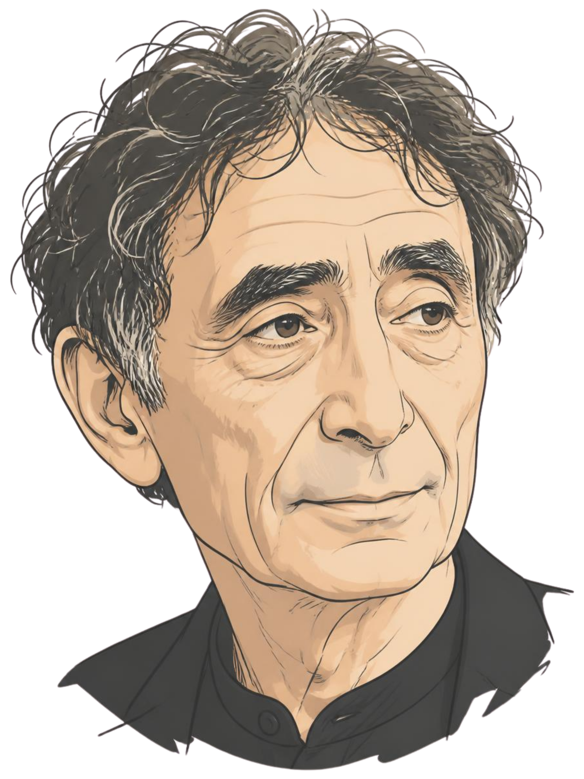 A digital illustration of an elderly man with gray, curly hair, bushy eyebrows, and visible facial wrinkles. He has intense brown eyes and a serious expression, wearing a black collared shirt.