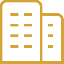 A black and yellow icon of two tall buildings
