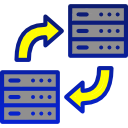 Two blue server racks connected by yellow arrows indicating data transfer or communication.