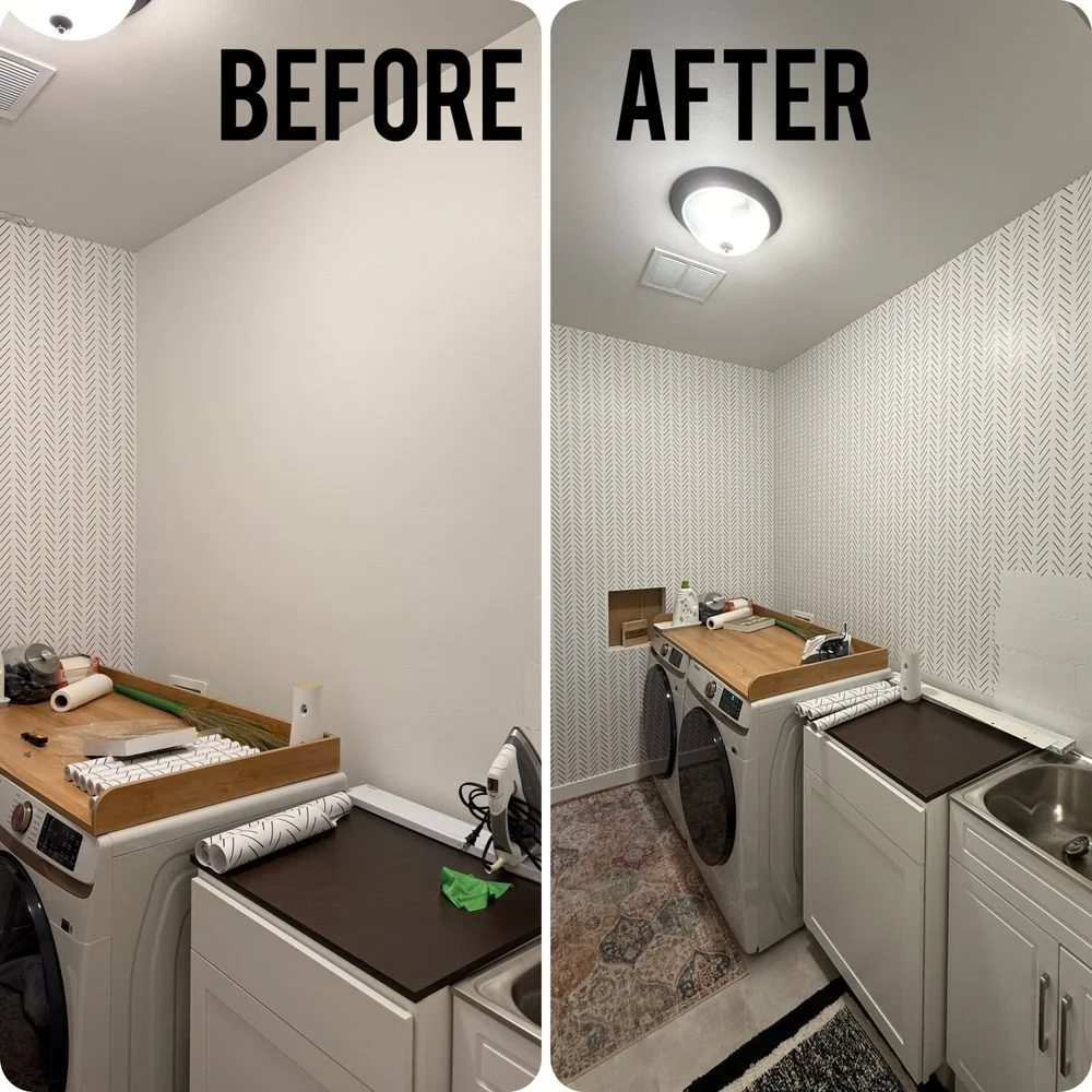 Before and after photos of a laundry room renovation, showing a plain wall before and a patterned wallpaper after, with laundry appliances, ironing board, and various cleaning supplies.