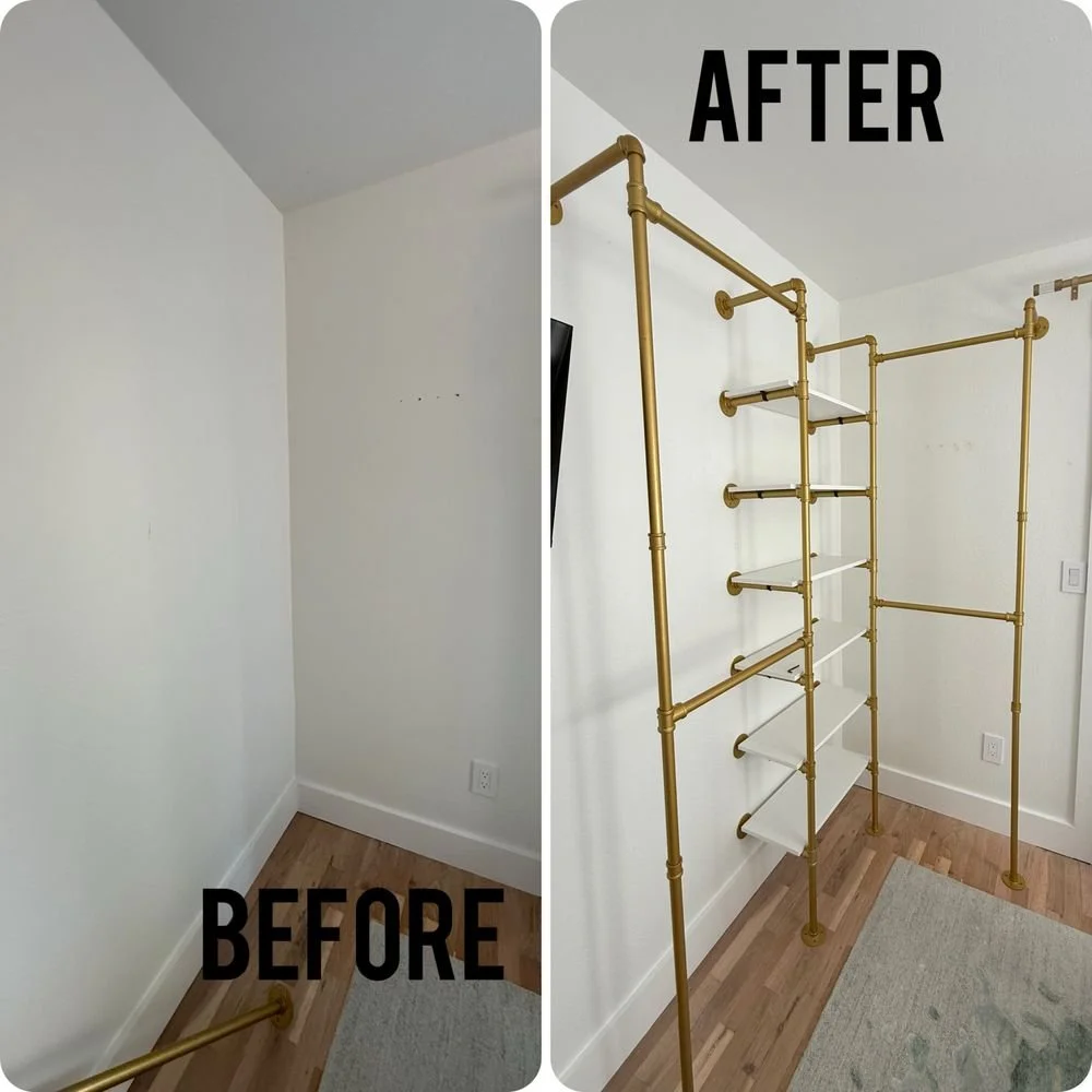 A before-and-after view of a room corner. The before side shows plain white walls and a corner with no shelving. The after side shows white walls, a gold pipe frame shelving unit with white shelves, and a hardwood floor.