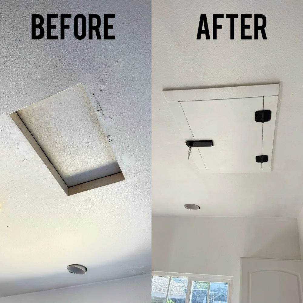 Side-by-side comparison of a ceiling representing a before-and-after renovation. The left side shows a textured ceiling with a missing ceiling panel, while the right side shows a smooth ceiling with a new ceiling hatch and hardware installed.