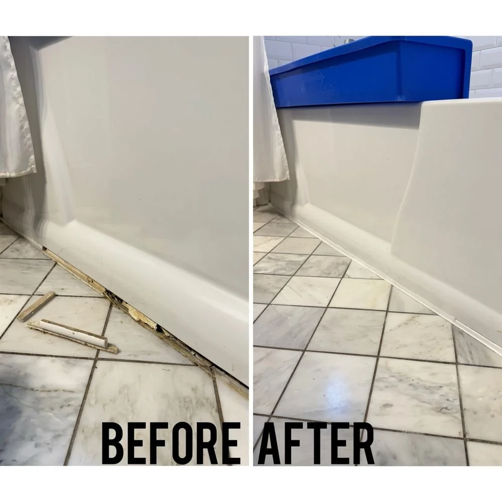 Side-by-side comparison of a bathtub area with damaged  and repaired tiles, with the words "Before" and "After" at the bottom.
