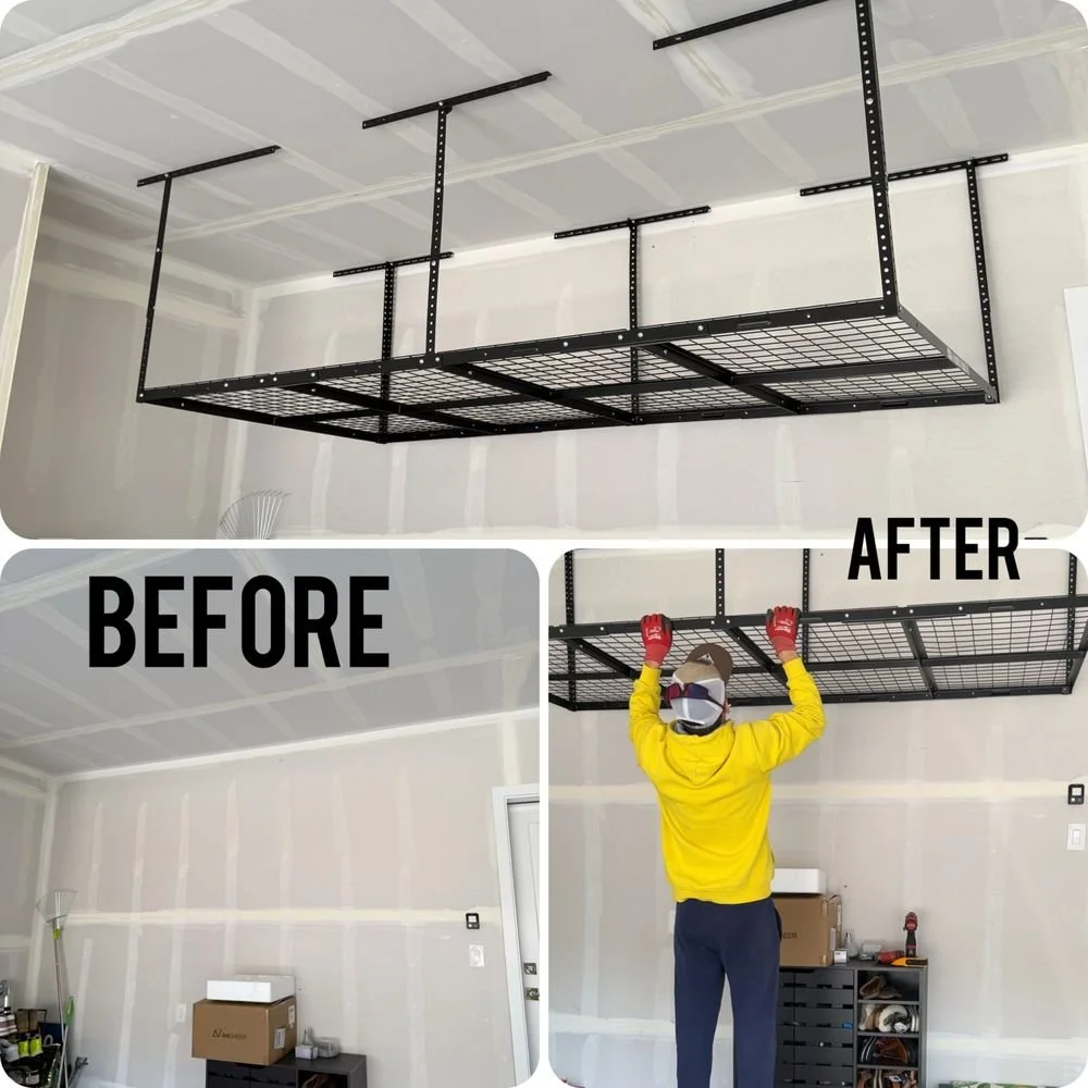 Garage with a ceiling storage rack installed. The before section shows an empty garage wall, and the after section shows a person installing the black metal storage rack while wearing a yellow hoodie and red gloves.
