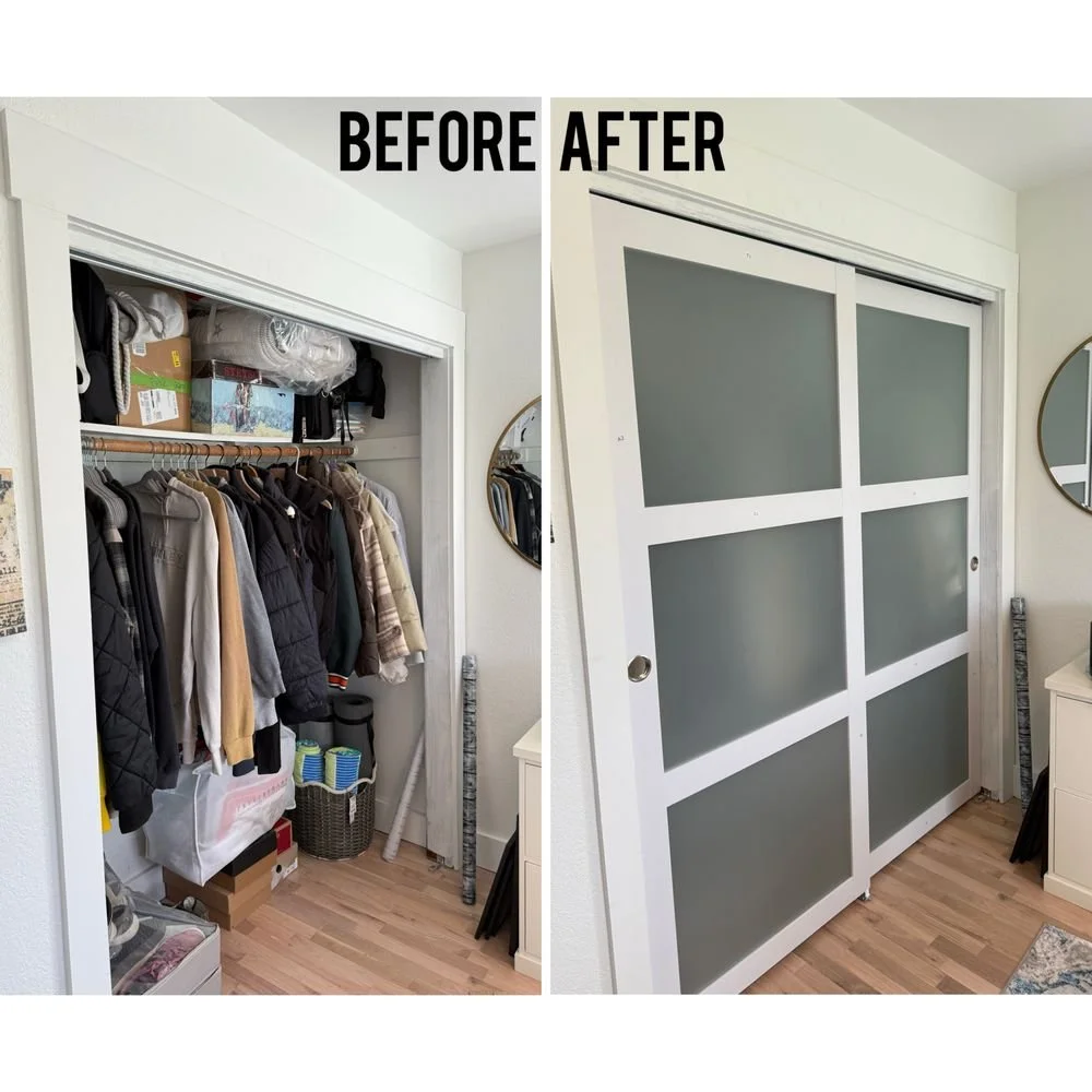 Comparison of closet with open sliding door filled with clothes and storage on the left, and closed modern sliding door with frosted glass panels on the right.