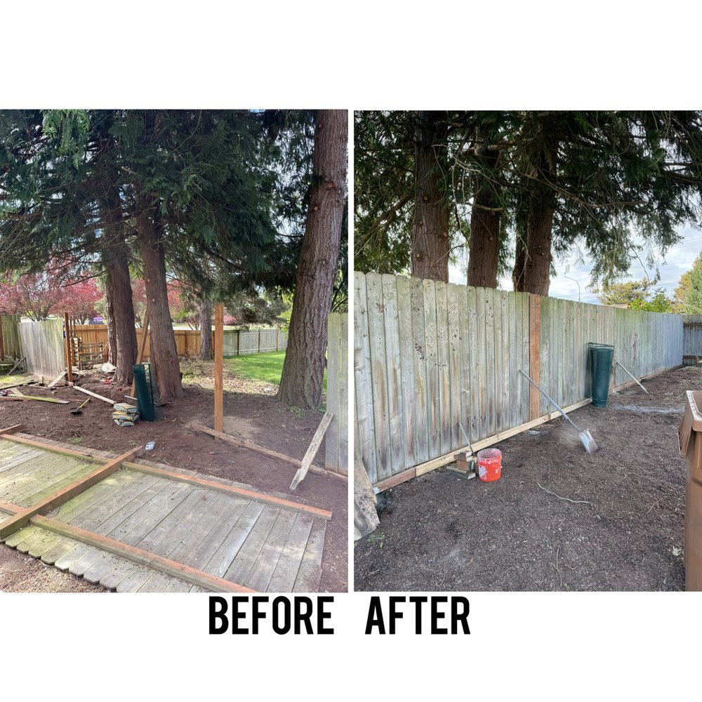 Side-by-side comparison of a backyard fence being rebuilt; the left shows the older, weathered fence with some construction materials and tools, while the right shows the new, taller wooden fence with fresh soil and construction tools nearby.