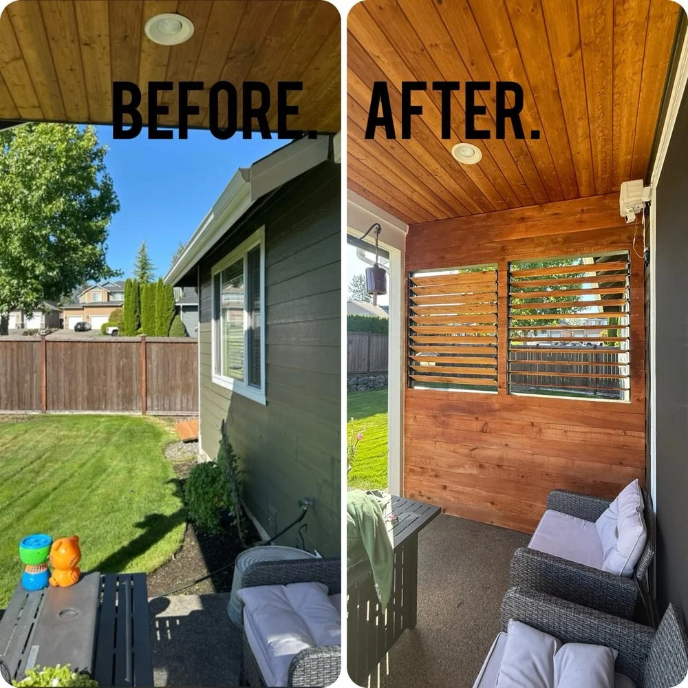 Side-by-side comparison of a backyard patio before and after renovations. The before image shows a simple patio with lawn and a wooden fence, while the after image shows a renovated patio with a wooden ceiling, a wooden privacy wall with horizontal s