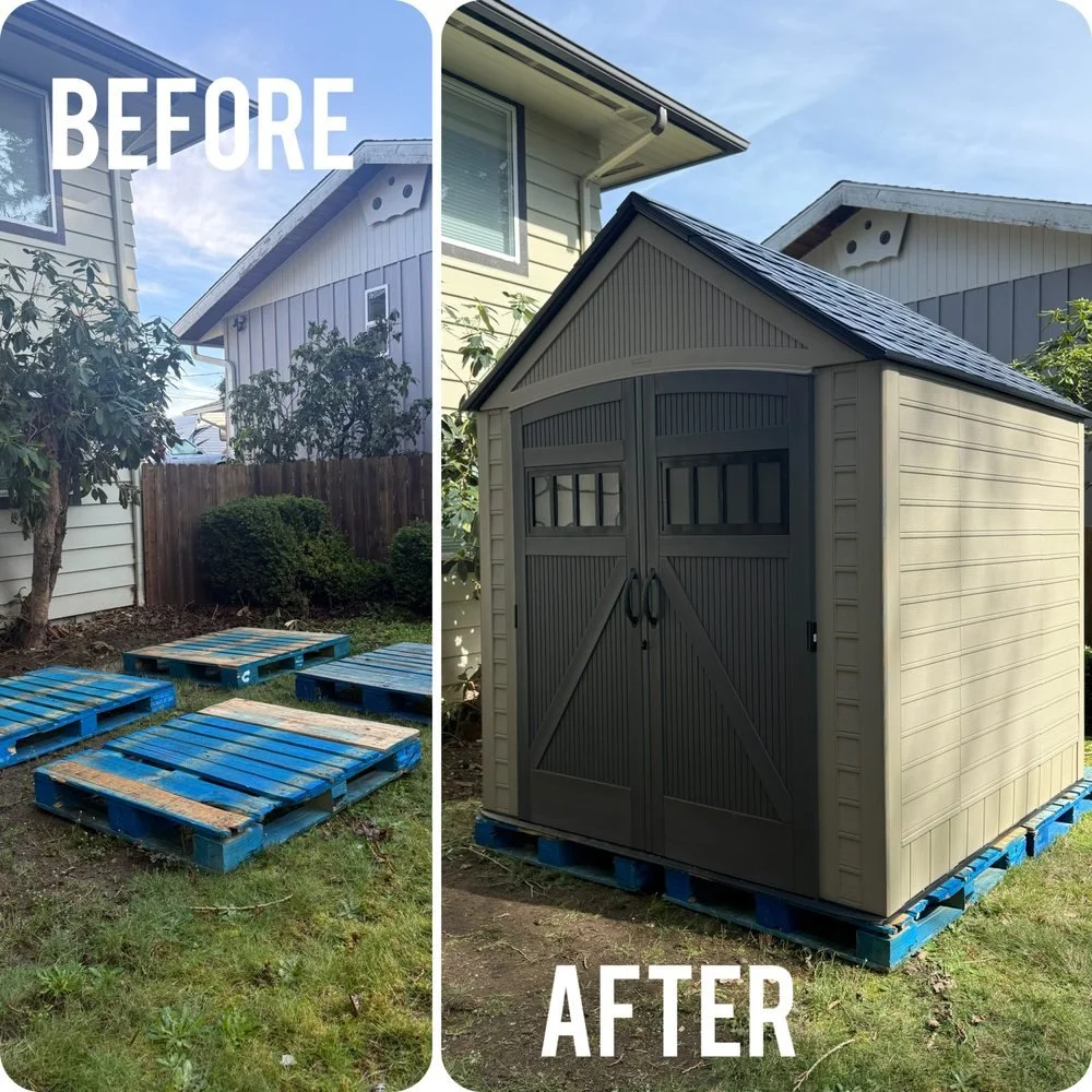Comparison photo of a garden showing a pile of discarded blue pallets labeled 'Before' on the left, and a new gray storage shed built on the same spot labeled 'After' on the right.