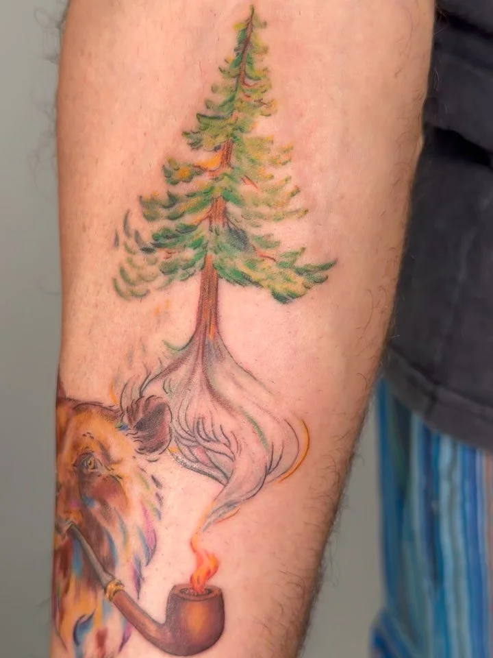 You know, just a colorful bear smoking a pipe under a redwood tree 🐻 💨🌲 this one was a tribute to Gabe&rsquo;s uncle in which he wanted to incorporate some of his uncles features into the bear. Swipe to the end for a peep at those knowing eyes and