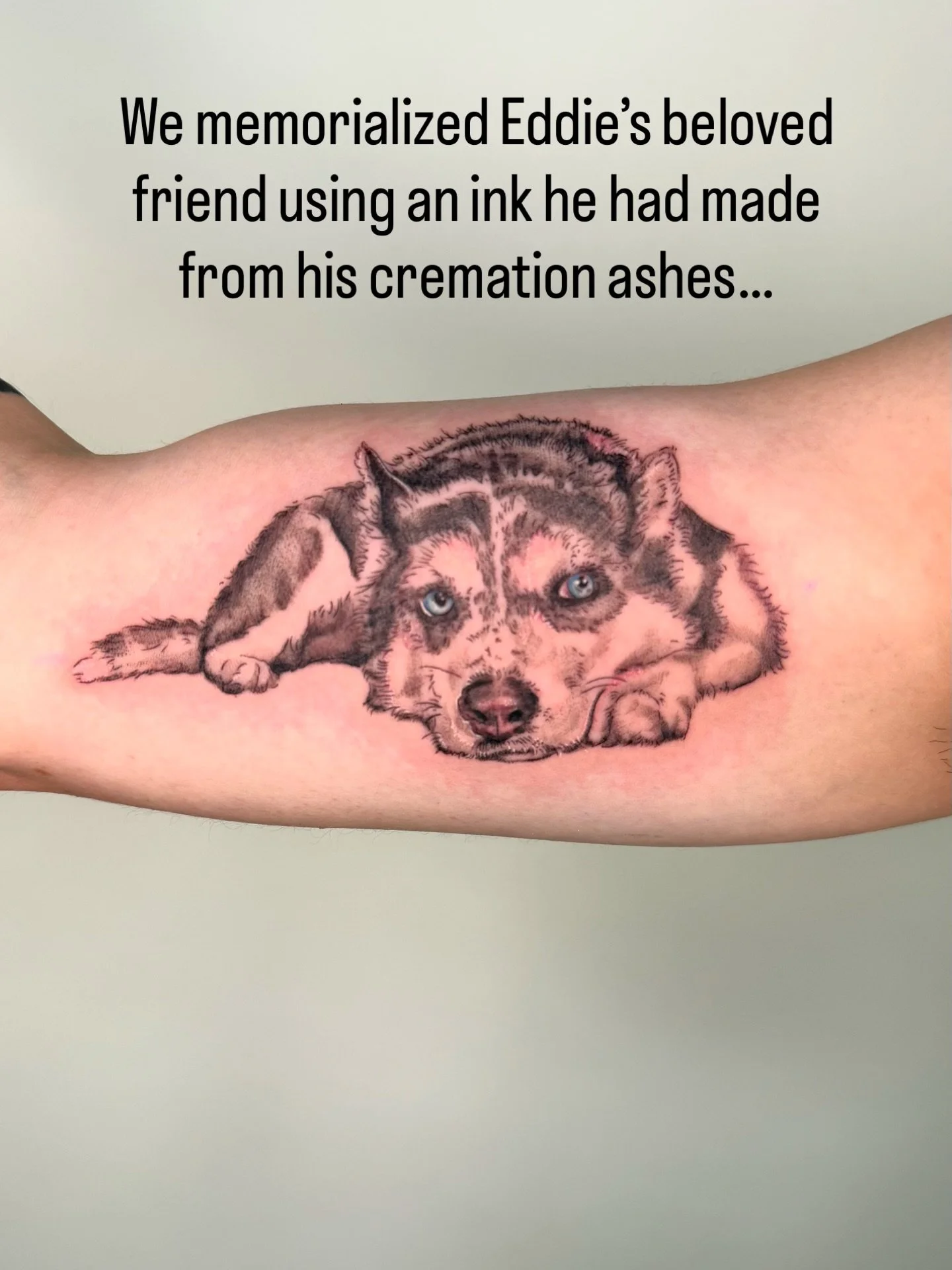 This sweet face was memorialized on his best friend&rsquo;s arm. Eddie had had some of Cudi&rsquo;s ashes made into a tattoo ink and wanted to use them in the tattoo process. I&rsquo;d never done this before, or used an ink created specifically for t