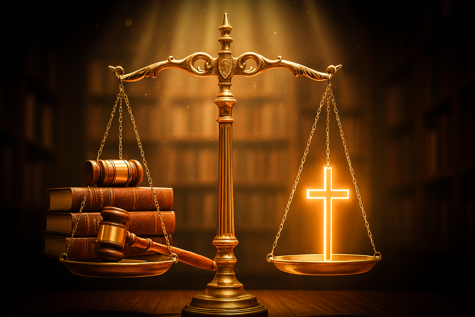 A golden balance scale with legal books and a gavel on the left side, and a neon illuminated Christian cross on the right side, against a dark background of a library.