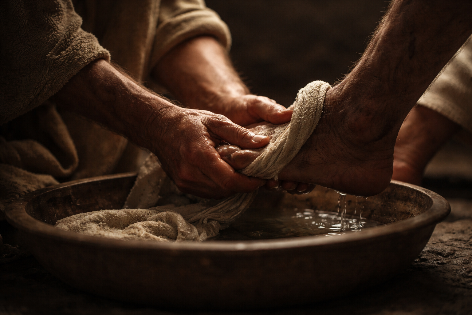 Close-up of weathered hands gently washing another person’s bare foot in a simple basin of water with a linen towel, lit softly in warm, low light, symbolizing humble, sacrificial love.