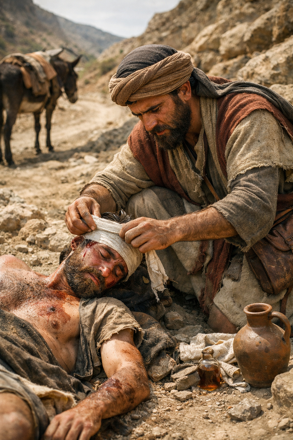 A Good Samaritan kneels on a rocky roadside, bandaging an injured traveler while a donkey stands nearby in the desert hills.