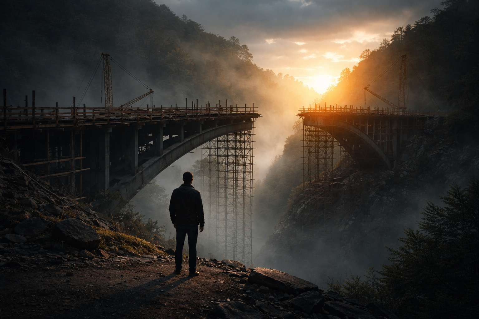 A solitary figure stands before a damaged bridge being rebuilt across a ravine as morning light breaks on the far side, symbolizing restoration, accountability, and the possibility of transformation.