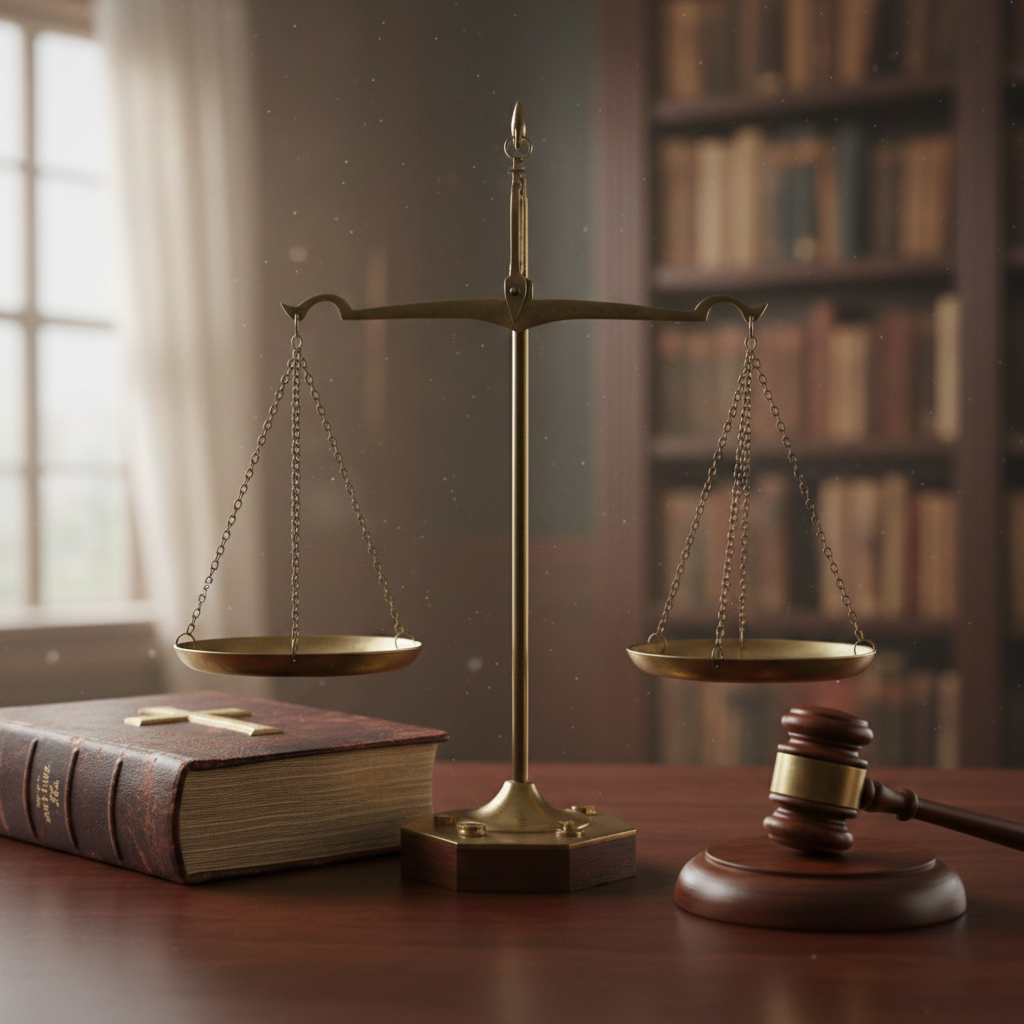 Brass balance scales, a gavel, and a law book on a wooden table in a law office or courtroom.