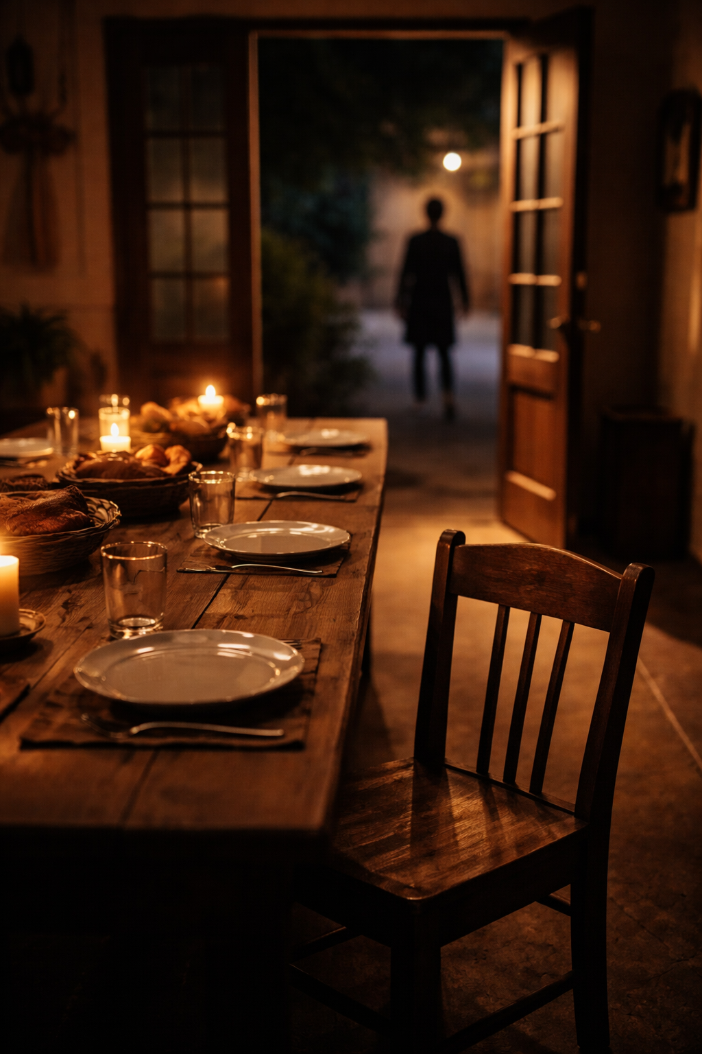 A warm, candlelit wooden dining table is set with simple plates and glasses inside a rustic room, with one empty chair in the foreground and an open doorway in the background where a lone figure stands hesitating at the threshold.