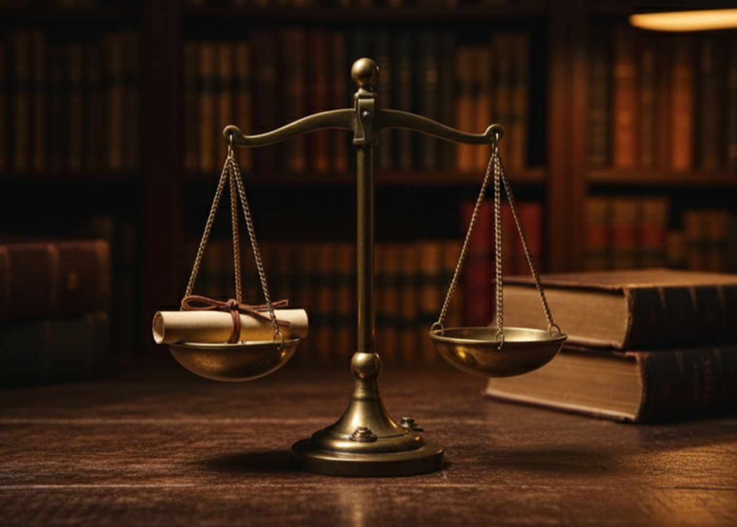 Brass balance scale on a wooden table in a law library with stacks of books in the background.