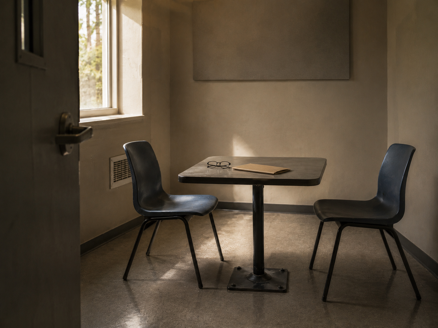 A quiet institutional visitation room with two empty chairs facing each other across a small table. Folded eyeglasses and a plain manila folder rest on the table, with soft natural light entering through a modest window.