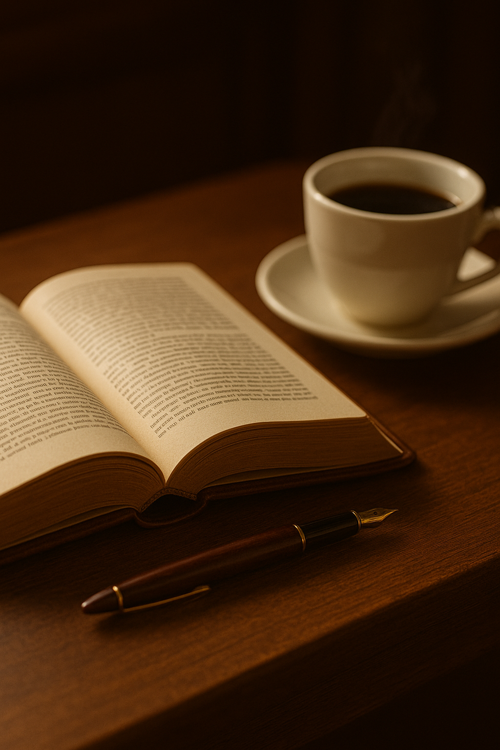 Open book, fountain pen, cup of black coffee on saucer, and a wooden table with warm lighting.